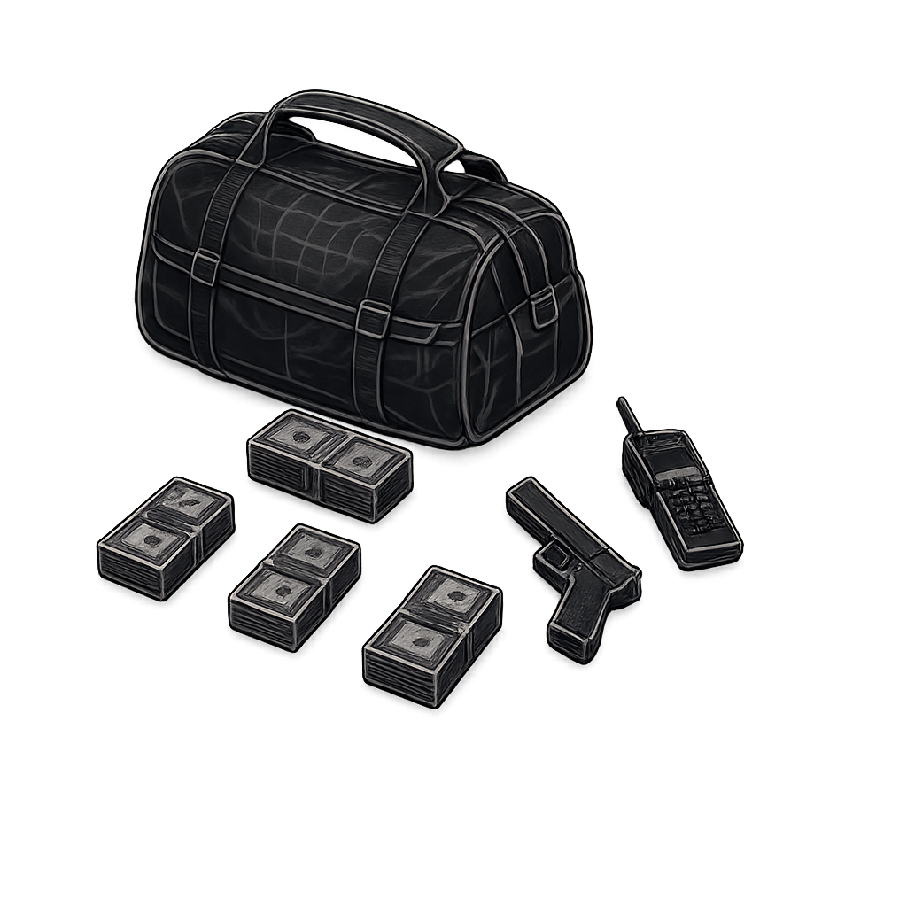 Black market loot drop — duffel bag with cash stacks, a pistol, and a burner phone