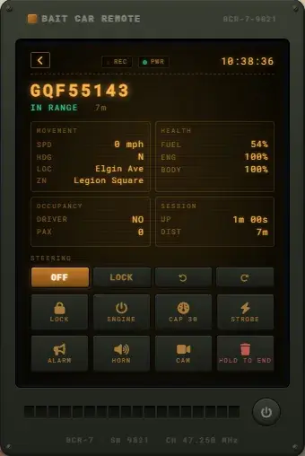 Bait Car Remote detail view for plate GQF55143 in range at 7 m, showing speed, heading, street, zone, fuel, engine and body health, occupancy, session time, steering toggles, and lock, engine, cap 30, strobe, alarm, horn, cam, and hold-to-end buttons