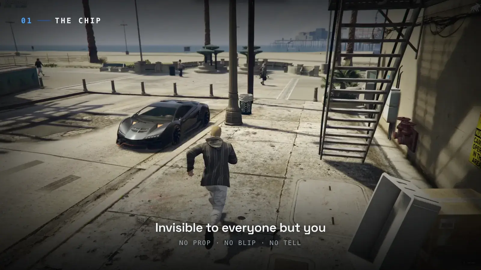 Chipped matte-black sports car parked on a beachside promenade while a civilian in a striped hoodie runs toward it, captioned Invisible to everyone but you