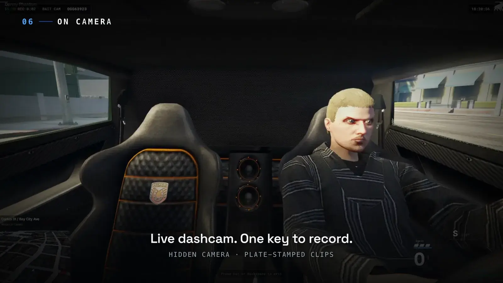 Dashcam view from inside the bait car cabin showing the suspect in the driver's seat, with a REC 0:02 Bait Cam header stamped with plate OGG63923