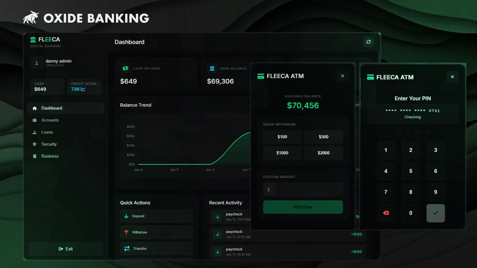 Oxide Banking poster: the Fleeca digital banking dashboard with cash on hand, bank balance, a balance trend chart, quick actions, and recent activity, beside two Fleeca ATM windows showing an available balance with quick withdraw amounts and a PIN keypad