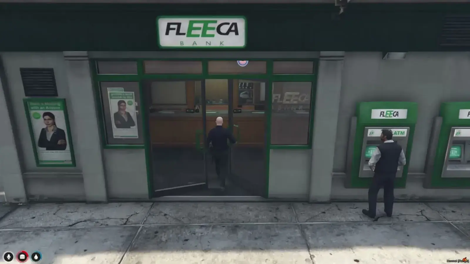 Fleeca Bank storefront with a player walking through the doors while another uses the wall ATM outside