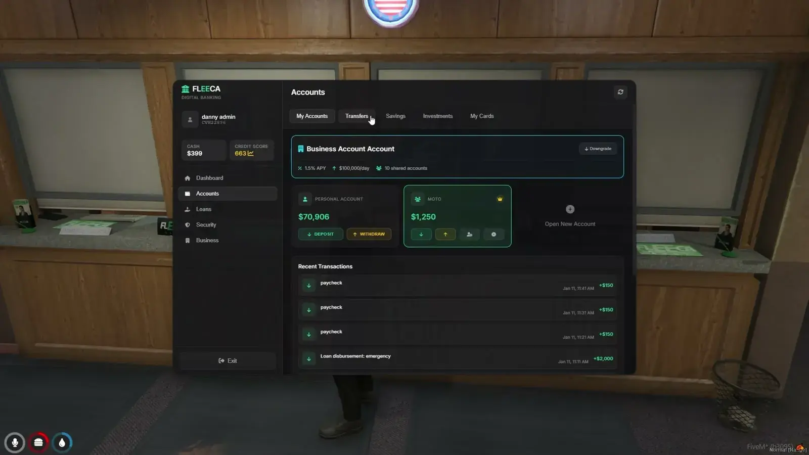 Accounts tab inside a Fleeca branch with a Business tier header, a personal account card, a second account card with deposit, withdraw, member, and settings buttons, an open-new-account tile, and a recent transactions list