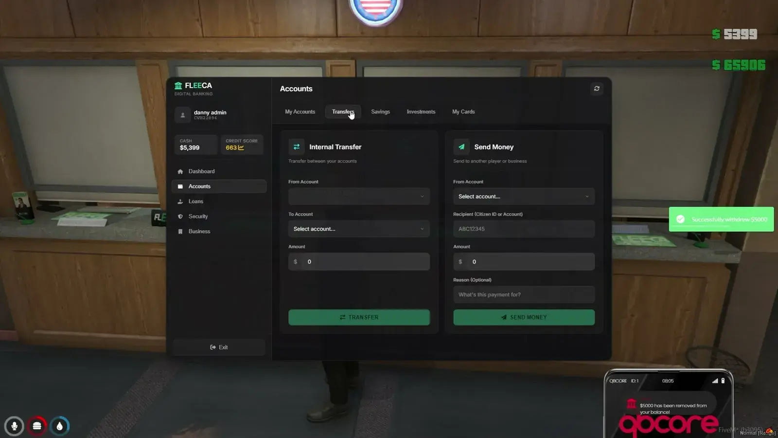 Transfers tab with an Internal Transfer form on the left and a Send Money form on the right that takes a recipient citizen ID or account, an amount, and an optional reason
