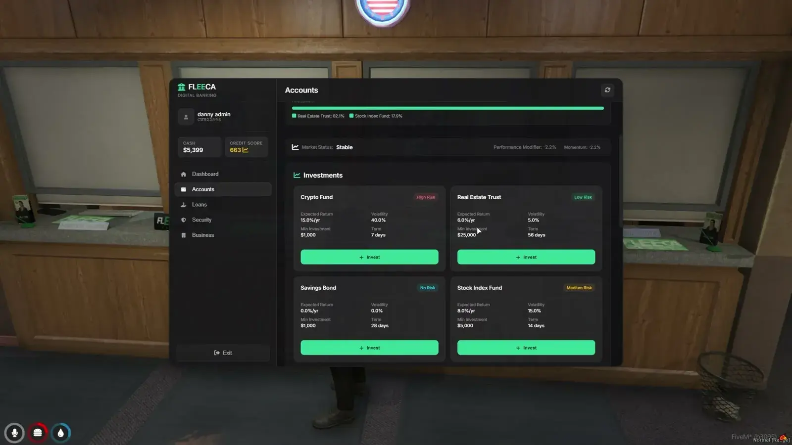 Investments tab showing an allocation bar, a market status line, and four fund cards, Crypto Fund, Real Estate Trust, Savings Bond, and Stock Index Fund, each with expected return, volatility, minimum investment, term, and an Invest button