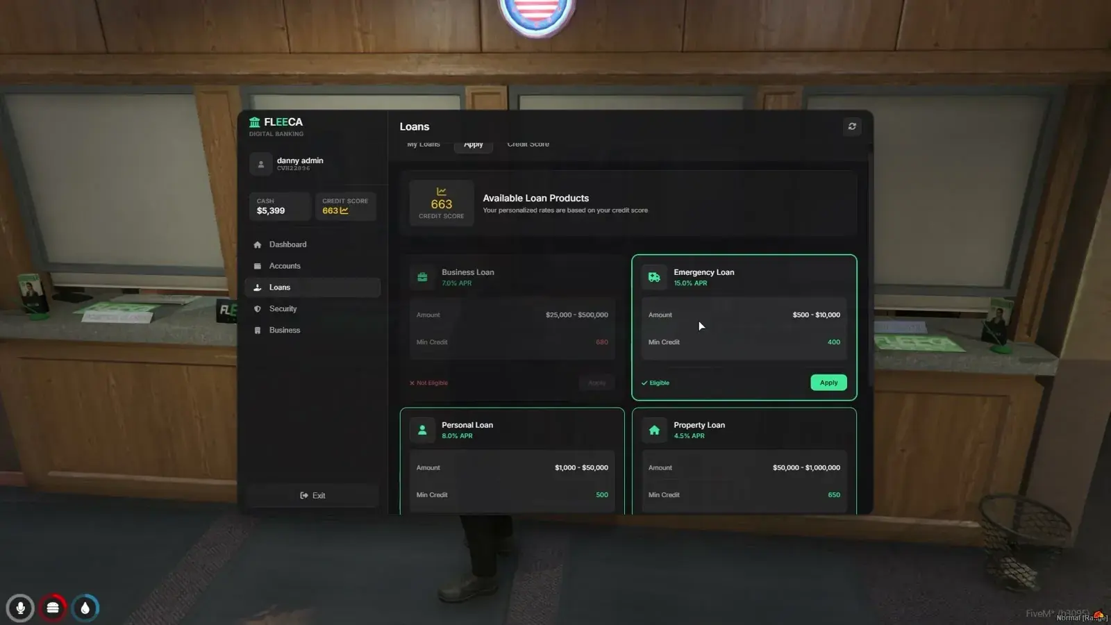 Loans tab listing four available loan product cards, business, emergency, personal, and property, each with an APR, amount range, minimum credit, and eligibility state beside the player's credit score