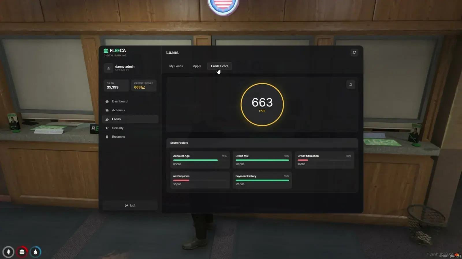 Credit Score view with a 663 Fair gauge and score factor bars for account age, credit mix, credit utilization, new inquiries, and payment history
