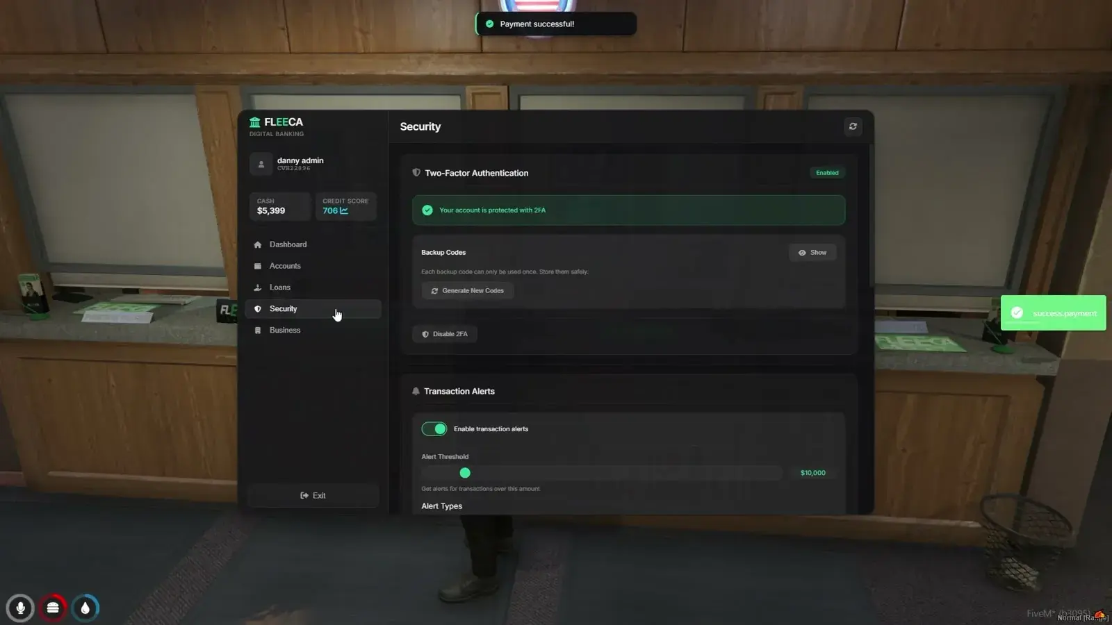 Security tab with Two-Factor Authentication enabled, backup code controls, and transaction alert settings with an alert threshold slider