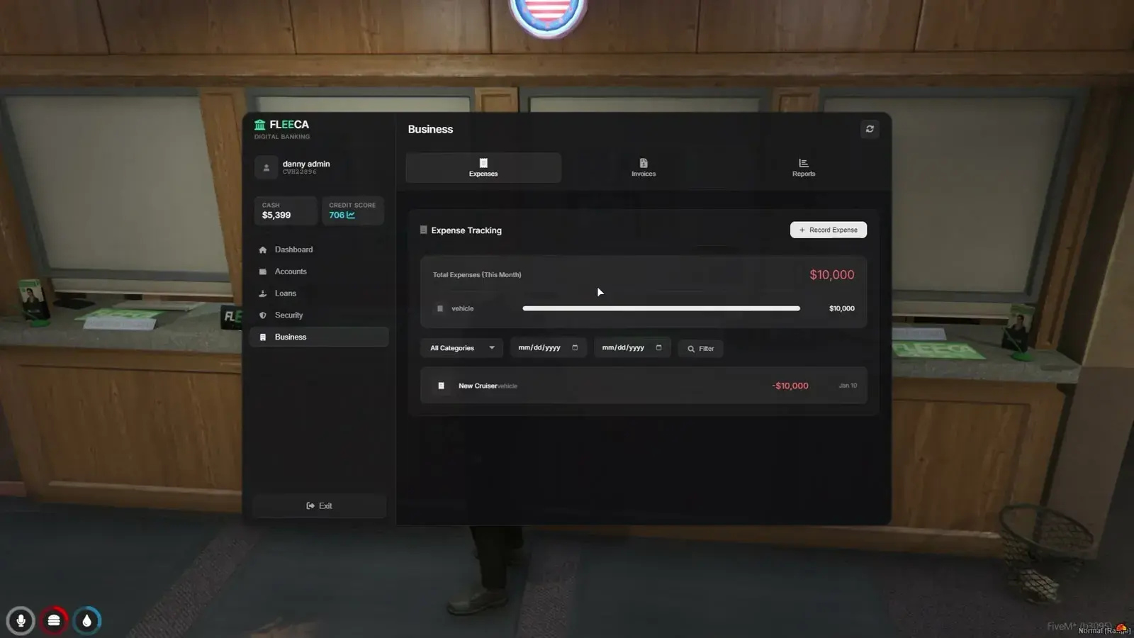 Business tab on Expense Tracking with a monthly expense total, a category breakdown bar, category and date filters, and a recorded vehicle expense
