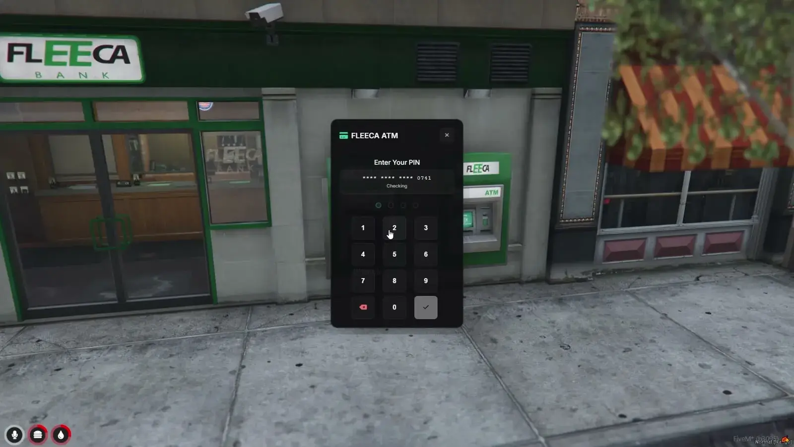 Fleeca ATM keypad overlay asking for the PIN of a checking card in front of a street ATM