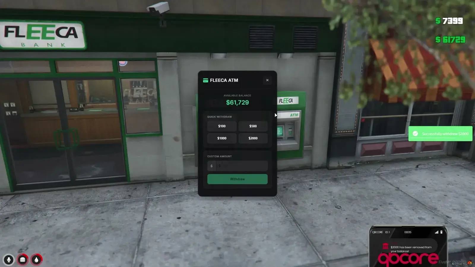 Fleeca ATM screen at a street ATM showing the available balance, quick withdraw buttons, and a custom amount field