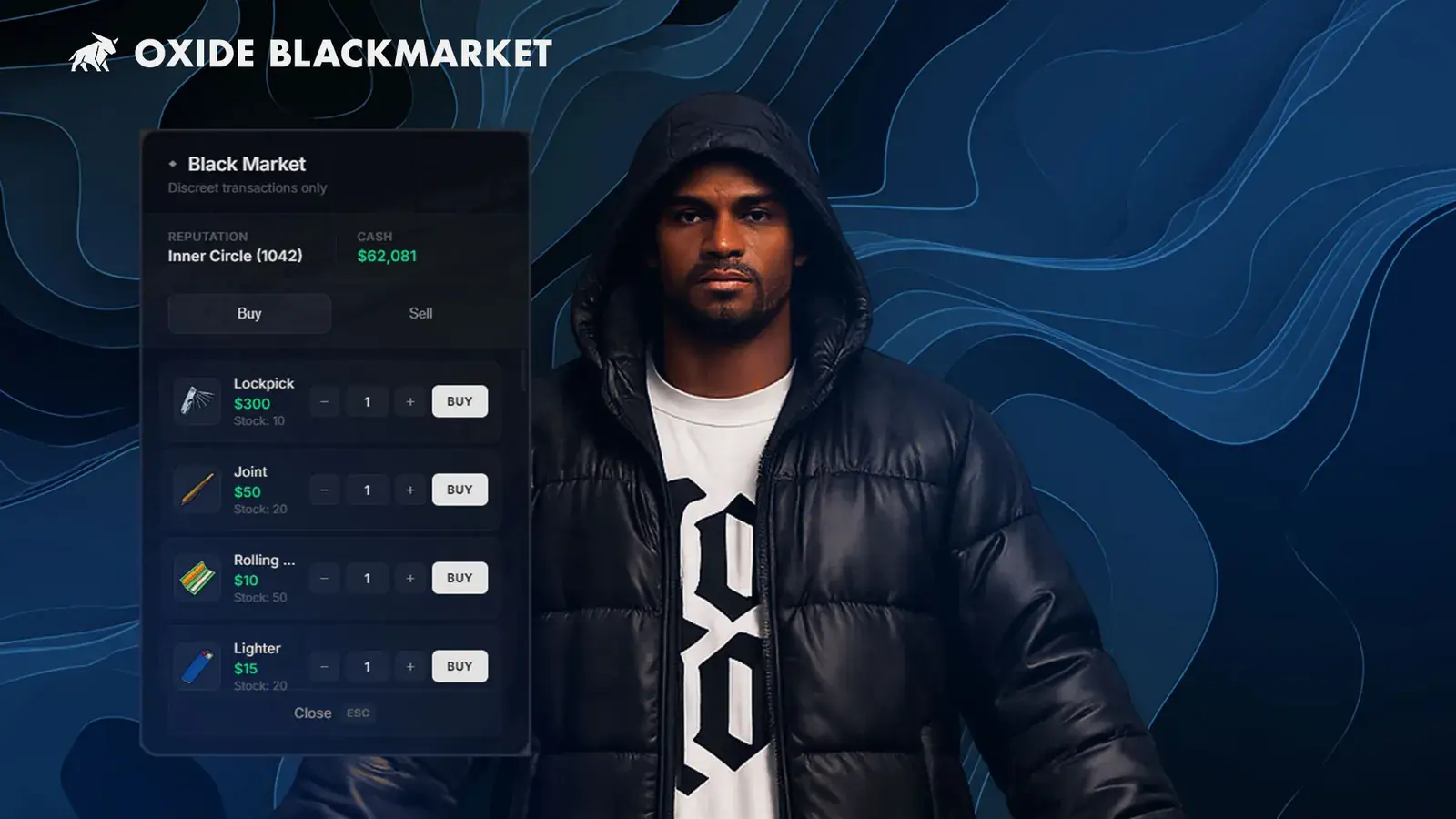 Oxide Blackmarket key art: the Black Market shop panel with a reputation readout, cash balance, Buy and Sell tabs, and item rows beside a hooded dealer in a black puffer jacket