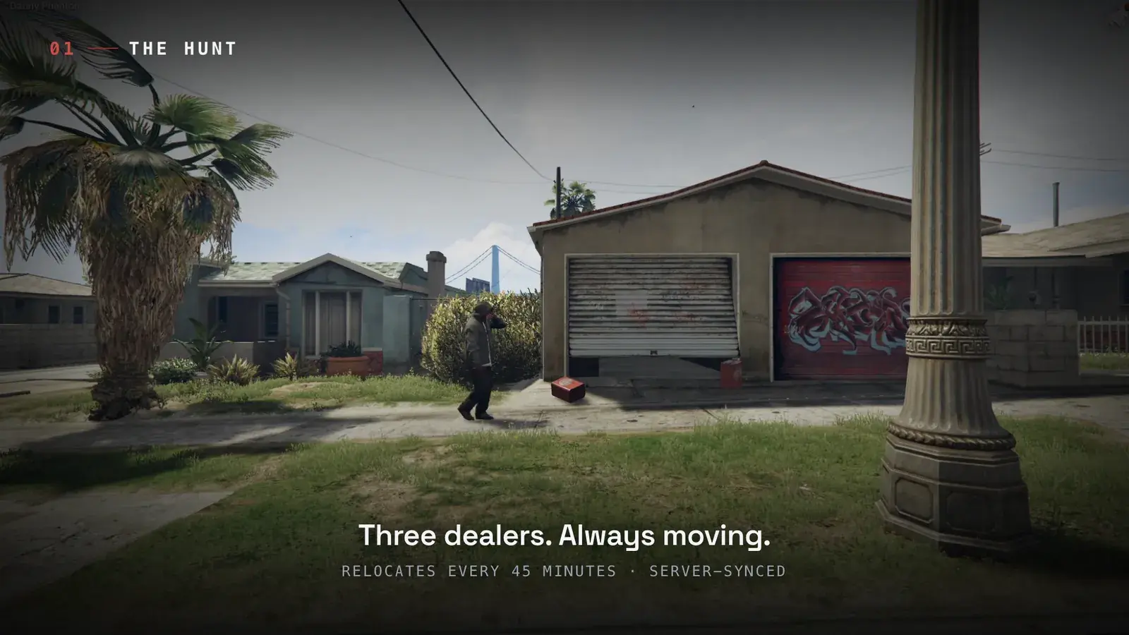 Dealer in a gray hoodie walking past a graffiti-tagged garage on a residential street, captioned Three dealers, always moving, relocates every 45 minutes, server-synced