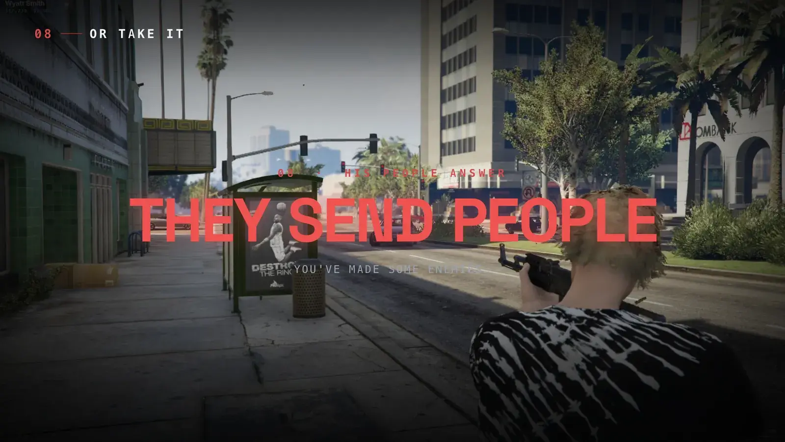 First-person view of a player aiming a rifle down a palm-lined street with THEY SEND PEOPLE in large red letters across the frame