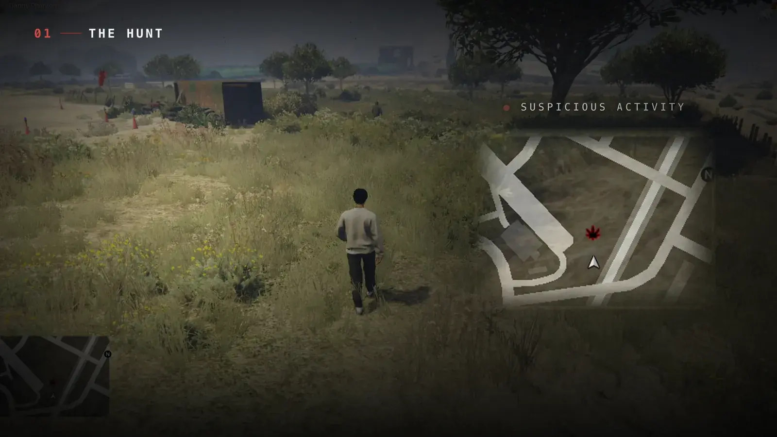 Player walking through tall grass toward a dealer near a shipping container, with a Suspicious Activity blip flashing on the minimap inset
