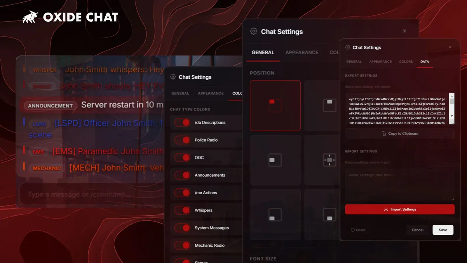 Oxide Chat poster showing a chat panel with whisper, shout, announcement, LSPD, EMS, and mechanic messages beside three Chat Settings panels open on the Colors tab, the General tab position grid, and the Data tab, on a red topographic background