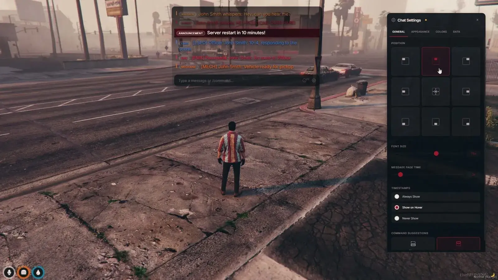 Chat panel at the top center of the screen with the Chat Settings General tab open, showing a 3x3 position grid, font size and message fade sliders, timestamp options, and command suggestions placement