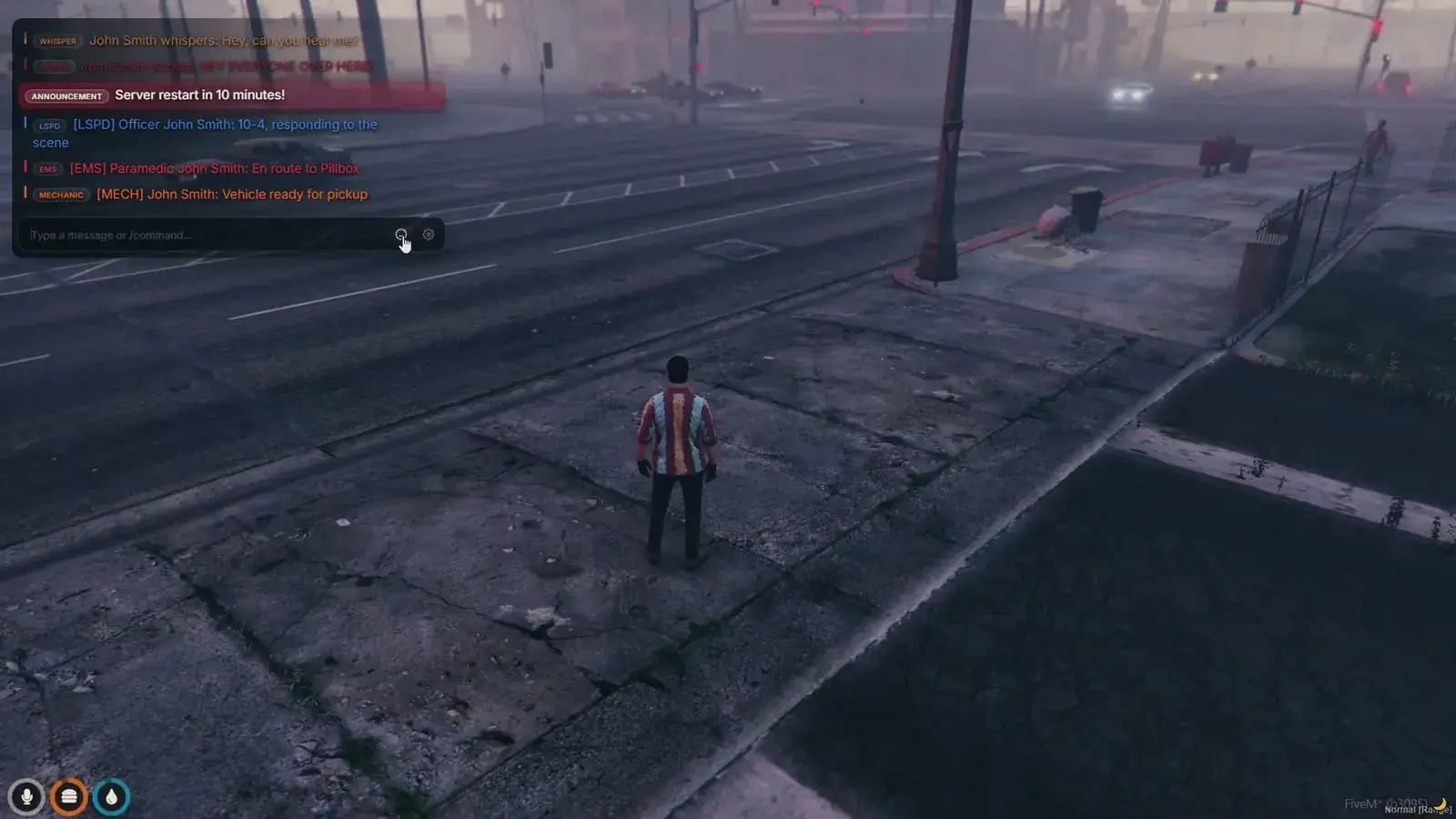 Chat panel at dusk showing whisper, shout, announcement, LSPD, EMS, and mechanic radio messages above an empty input box with emoji and settings buttons