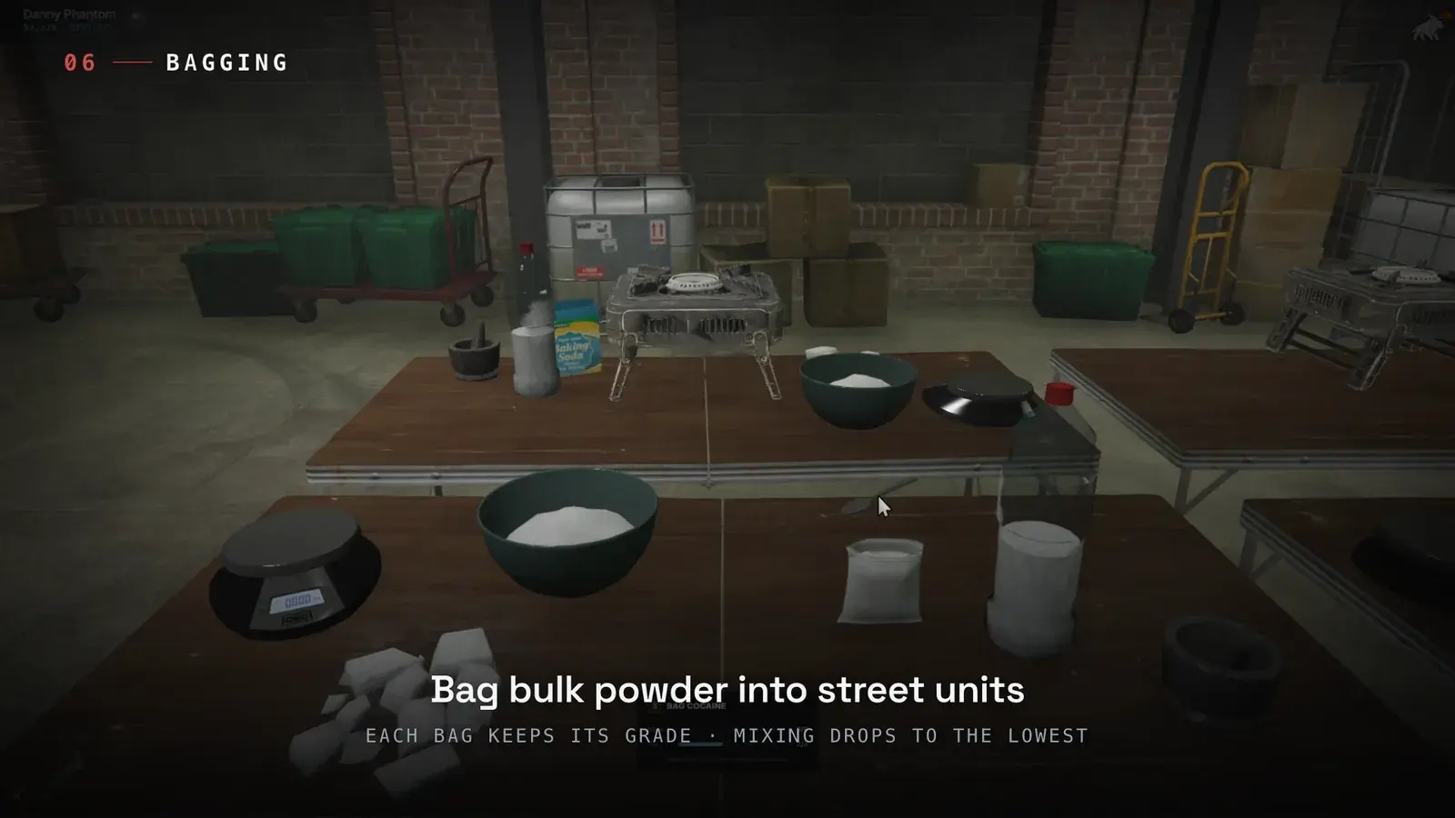 Cook Table bagging scene with a bowl of powder, a spoon under the cursor, an open baggy, a jar, and a digital scale