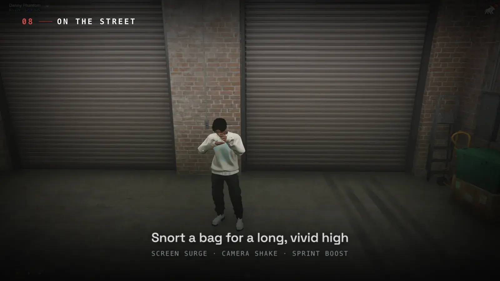 Player snorting from a bag of cocaine in front of warehouse roller doors
