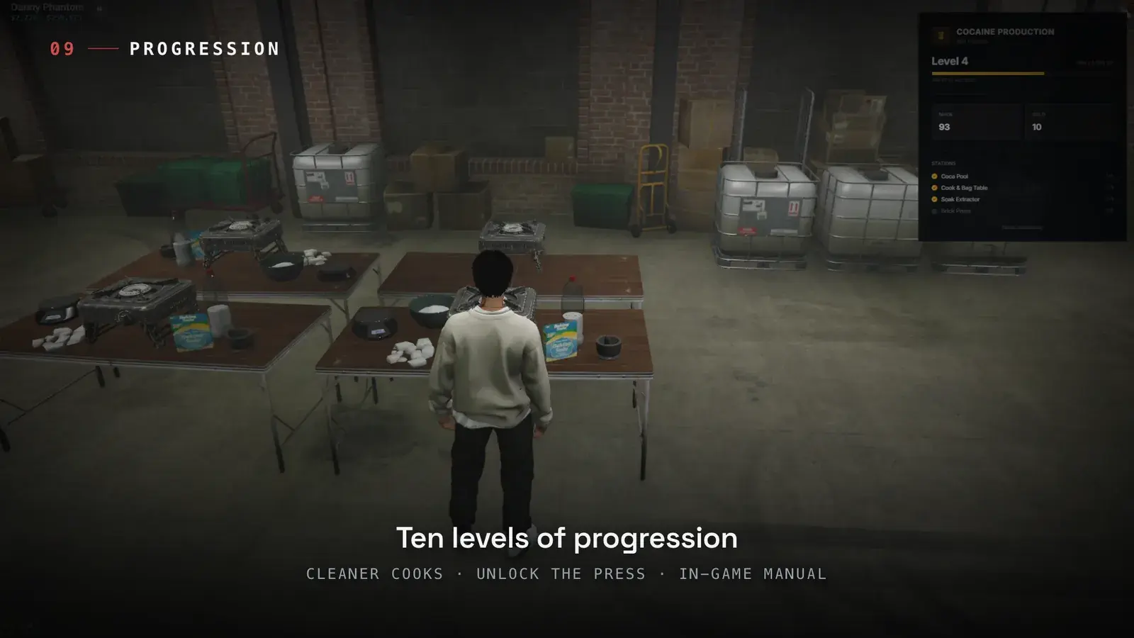 Player standing among placed cook tables in a warehouse with the Cocaine Production stats card showing Level 4, totals made and sold, and the station list
