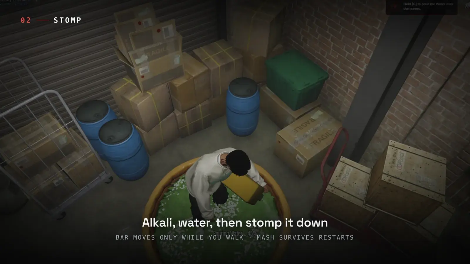 Player bent over inside a placed Coca Pool full of leaves, pouring water from a yellow container, with blue barrels and stacked boxes around the pool