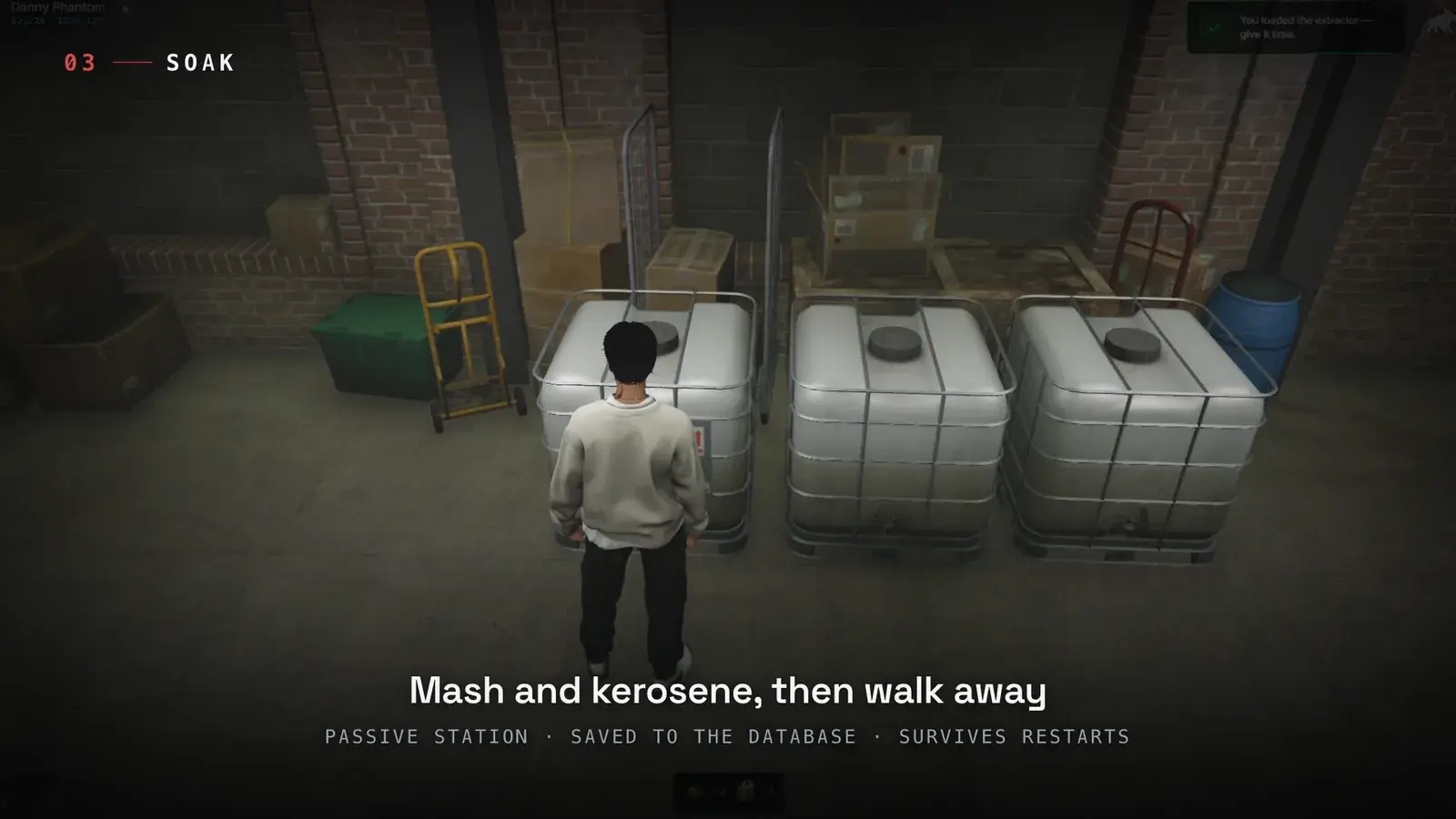 Player standing in front of three placed Coca Extractor tanks in a warehouse, with a notification confirming the extractor was loaded