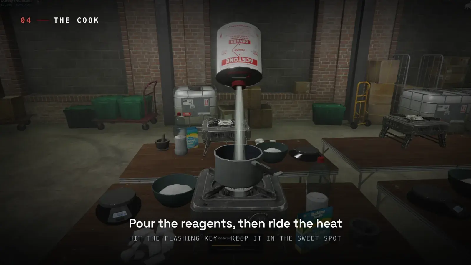 Acetone can tipped over a pot on the Cook Table stove, pouring a stream into the pot beside bowls of powder, a digital scale, and a baking soda box