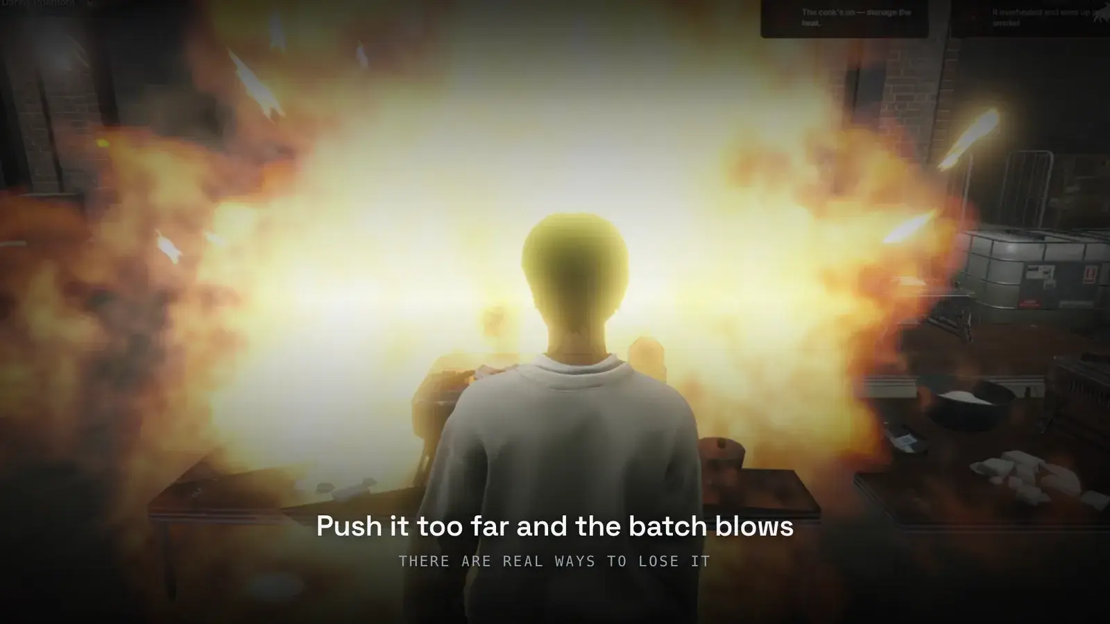 Fireball erupting from the Cook Table in front of a player after the pot overheated, with notifications reading the cook is on and it overheated and went up in smoke