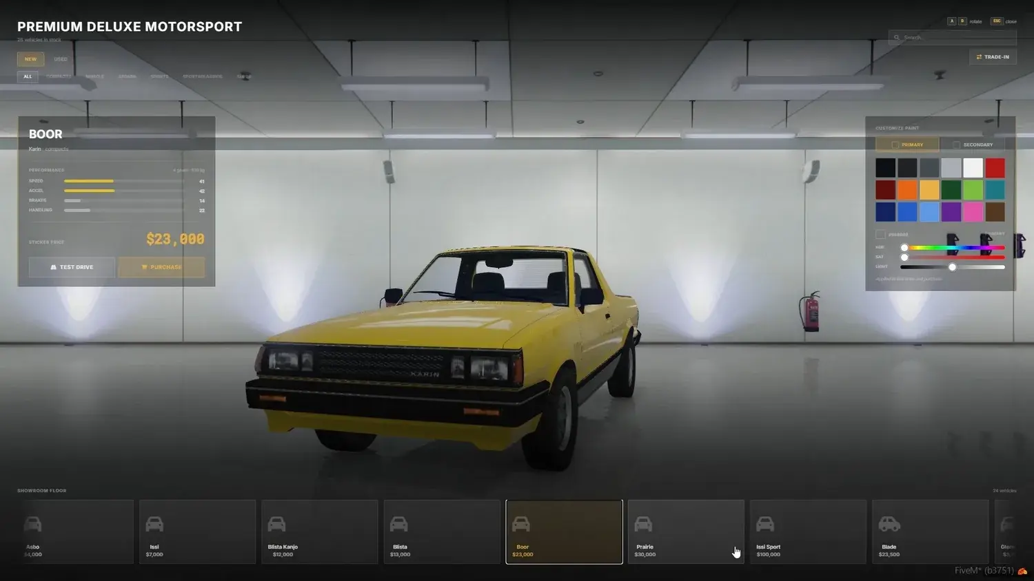 Oxide Dealerships catalog at Premium Deluxe Motorsport showing a yellow Karin Boor pickup in the 3D preview with performance bars, sticker price, Test Drive and Purchase buttons, a paint swatch panel, and a showroom-floor thumbnail strip