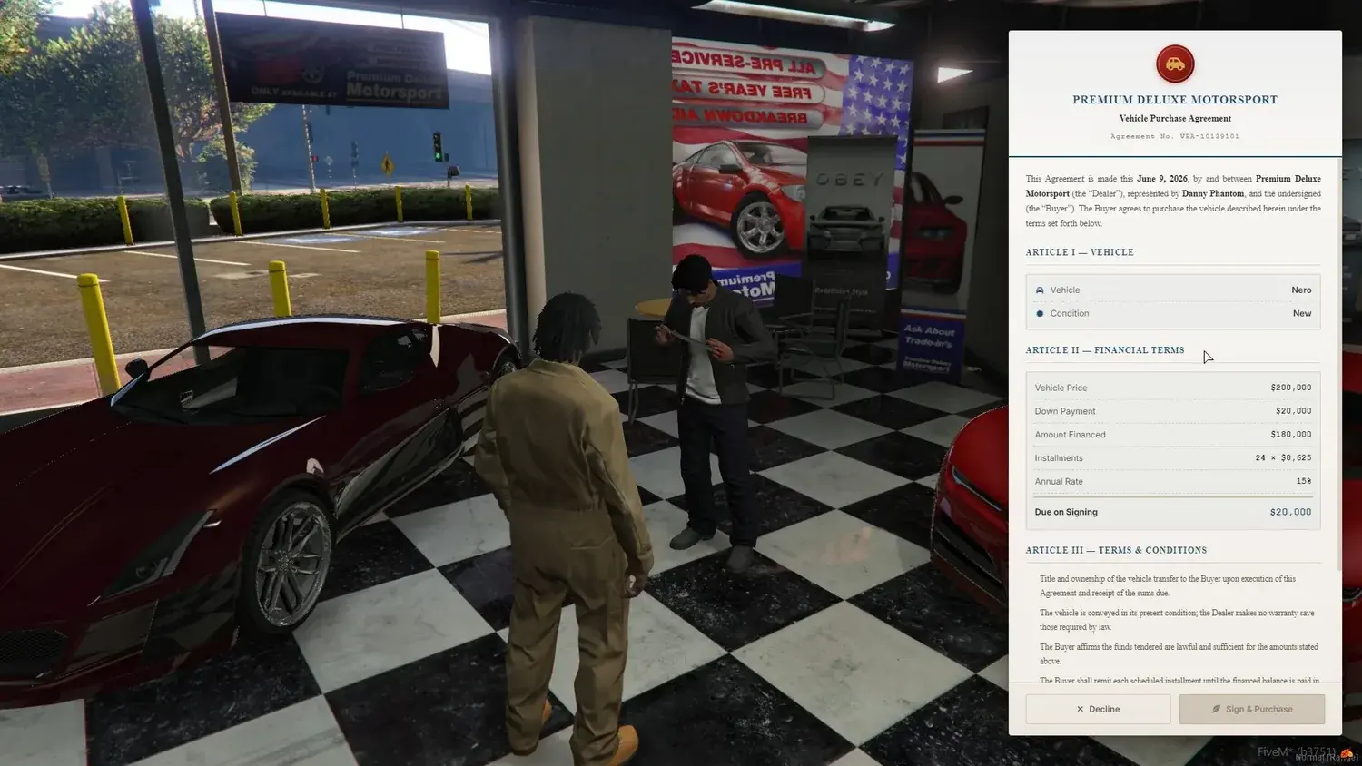 Vehicle Purchase Agreement contract for a Nero listing vehicle price, down payment, amount financed, installments, annual rate, and due on signing, with Decline and Sign and Purchase buttons, beside a salesperson and buyer standing in the showroom
