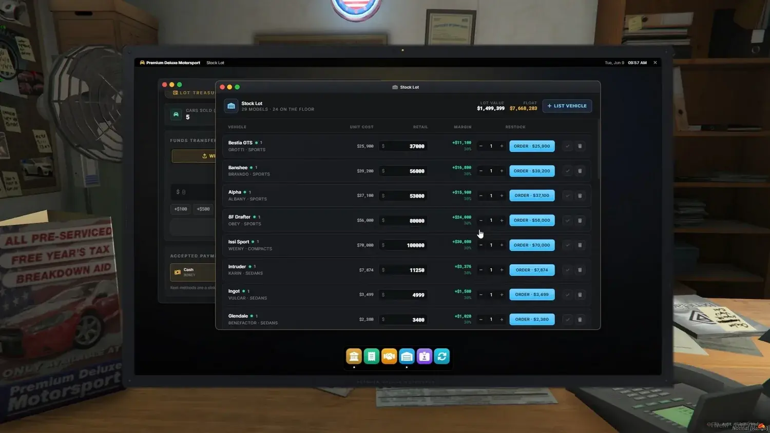 Management tablet Stock Lot window on a desk monitor listing vehicles with unit cost, retail price, margin, and order buttons, plus lot value and float totals and an app dock