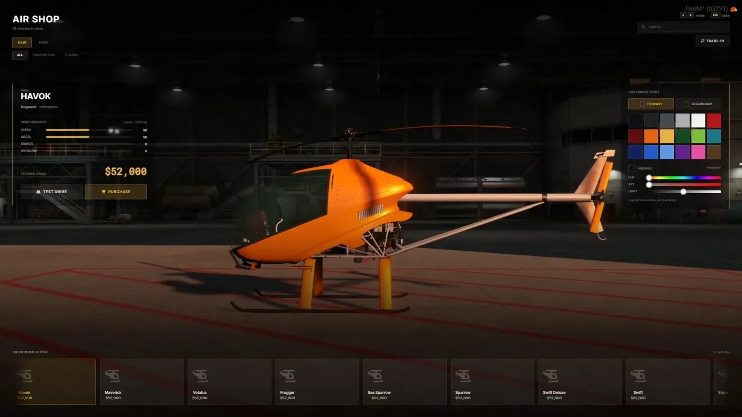 Air Shop catalog with an orange Nagasaki Havok helicopter in a hangar preview, Helicopters and Planes category tabs, a paint swatch panel, and a thumbnail strip of aircraft