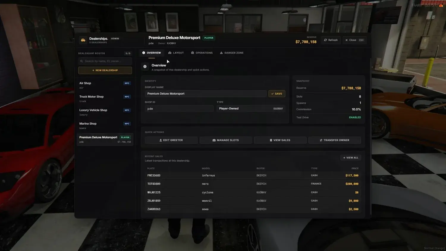 Admin dashboard with a roster of five dealerships, the Premium Deluxe Motorsport overview showing reserve, slots, spawns, commission, and test drive status, quick actions, and a recent sales table