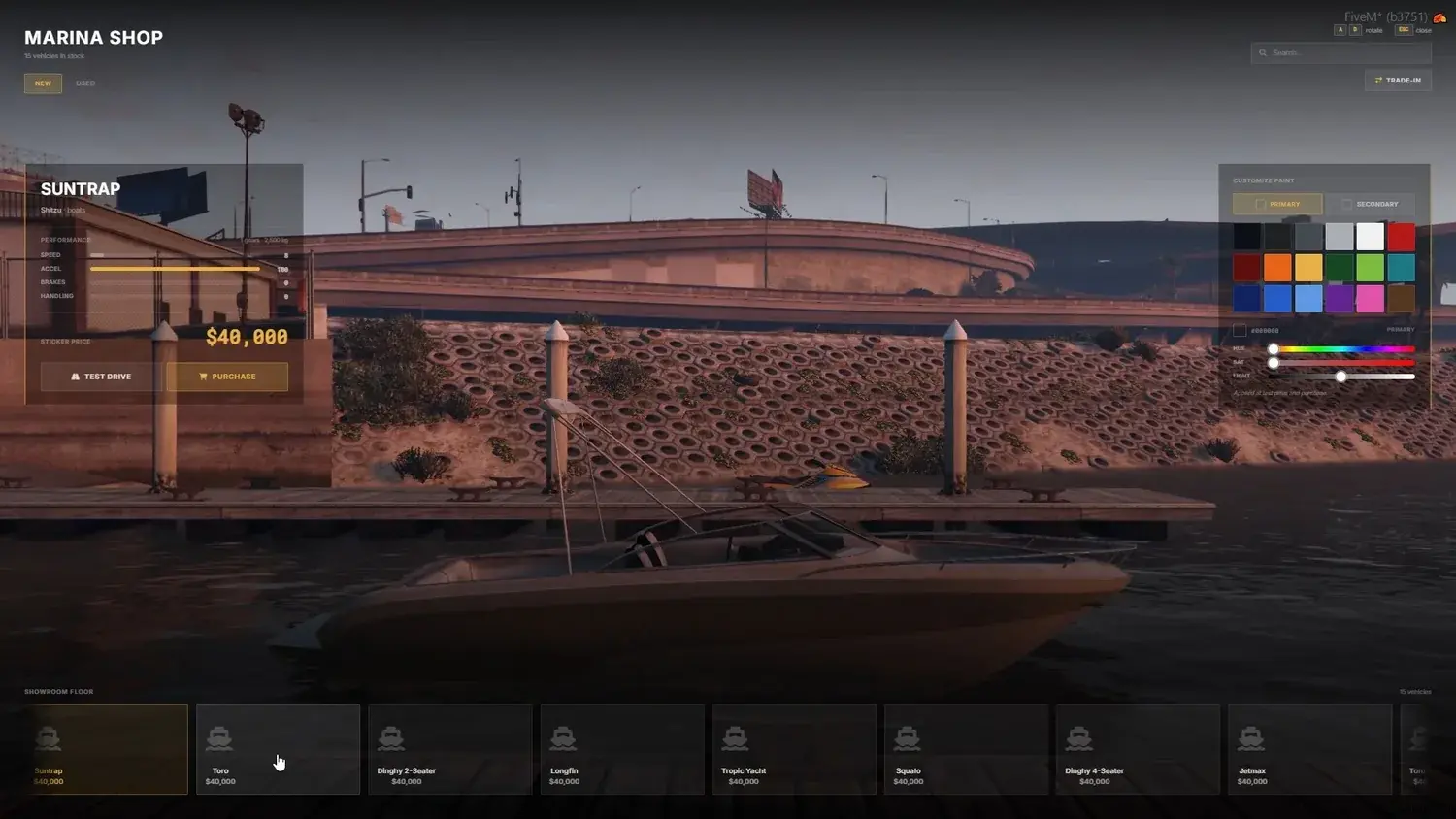 Marina Shop catalog with a Shitzu Suntrap speedboat moored at a dock, Test Drive and Purchase buttons, a Trade-In button, and a paint swatch panel