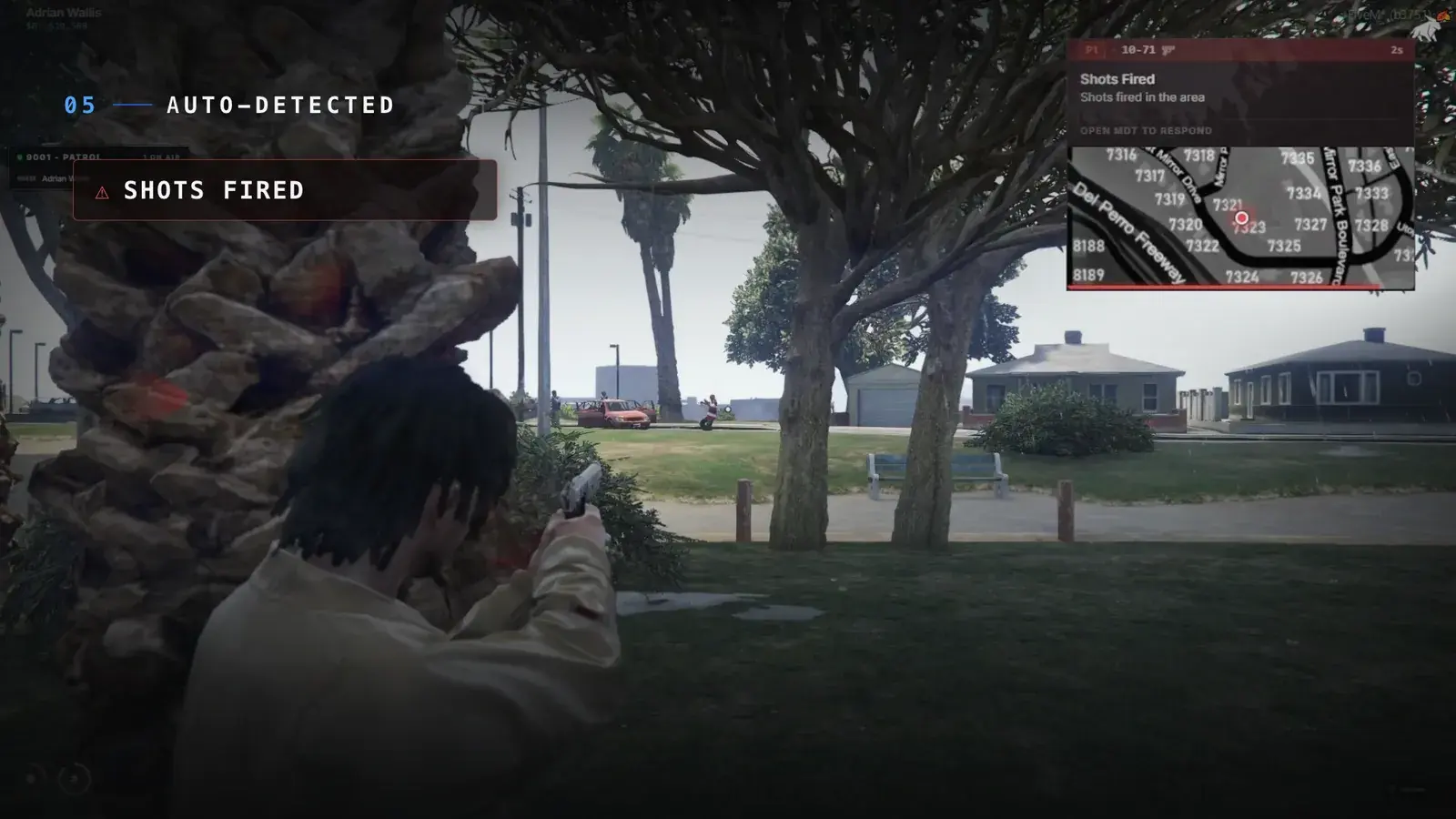 Player firing a pistol from behind a palm tree in a park, with an auto-detected Shots Fired label and a 10-71 Shots Fired popup with a mini-map in the corner