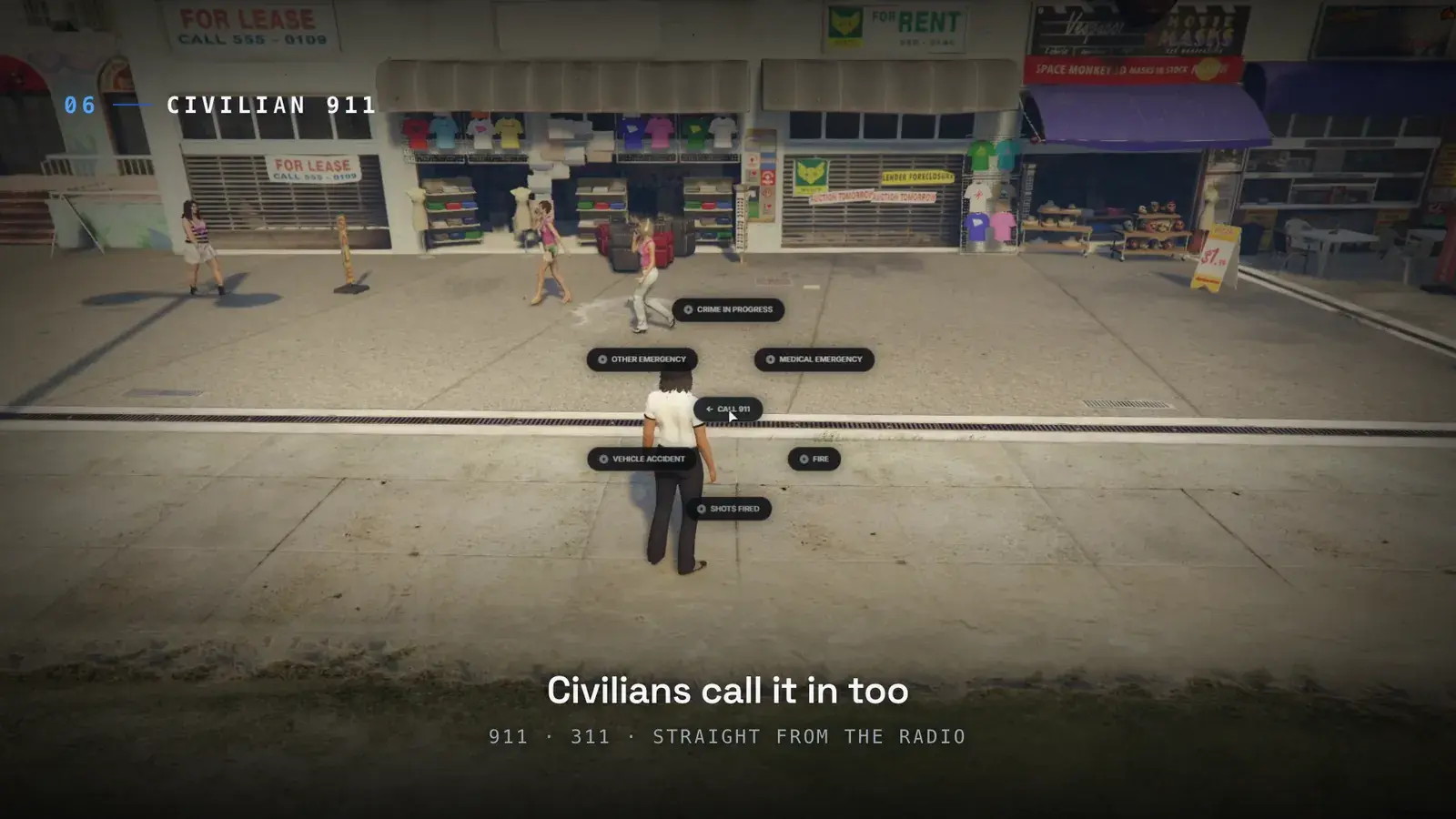 Civilian standing on a shopping-street sidewalk with a Call 911 radial menu open, showing Crime in Progress, Other Emergency, Medical Emergency, Vehicle Accident, Fire, and Shots Fired options and the caption Civilians call it in too