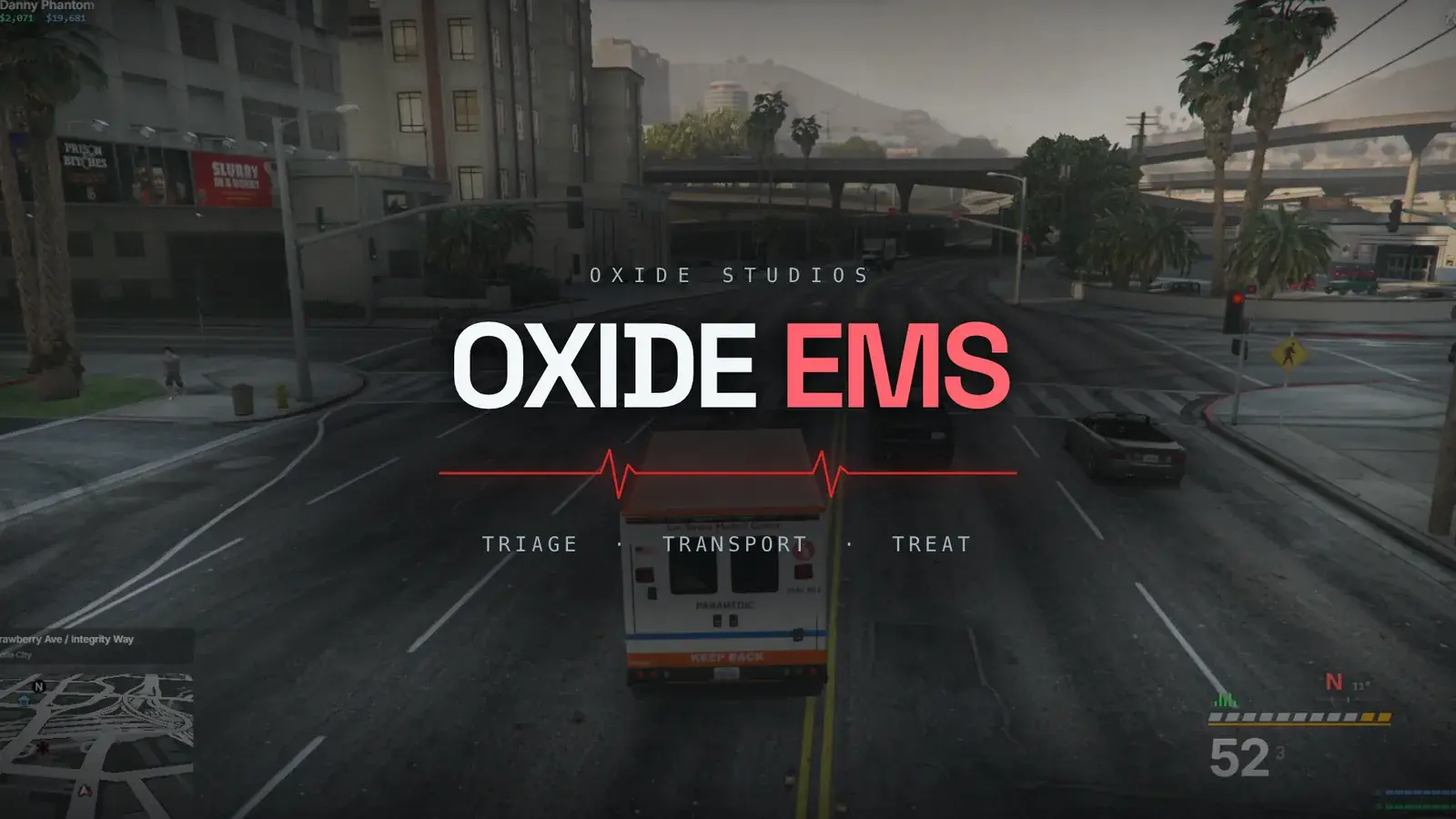 Oxide EMS title card over a paramedic ambulance driving through downtown Los Santos, with the strap line Triage, Transport, Treat