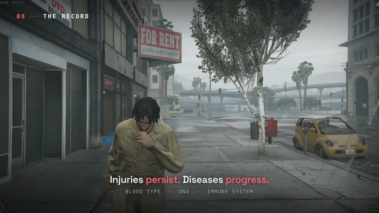 Patient in tan coveralls coughing into his fist on a rainy Los Santos sidewalk, captioned Injuries persist, Diseases progress