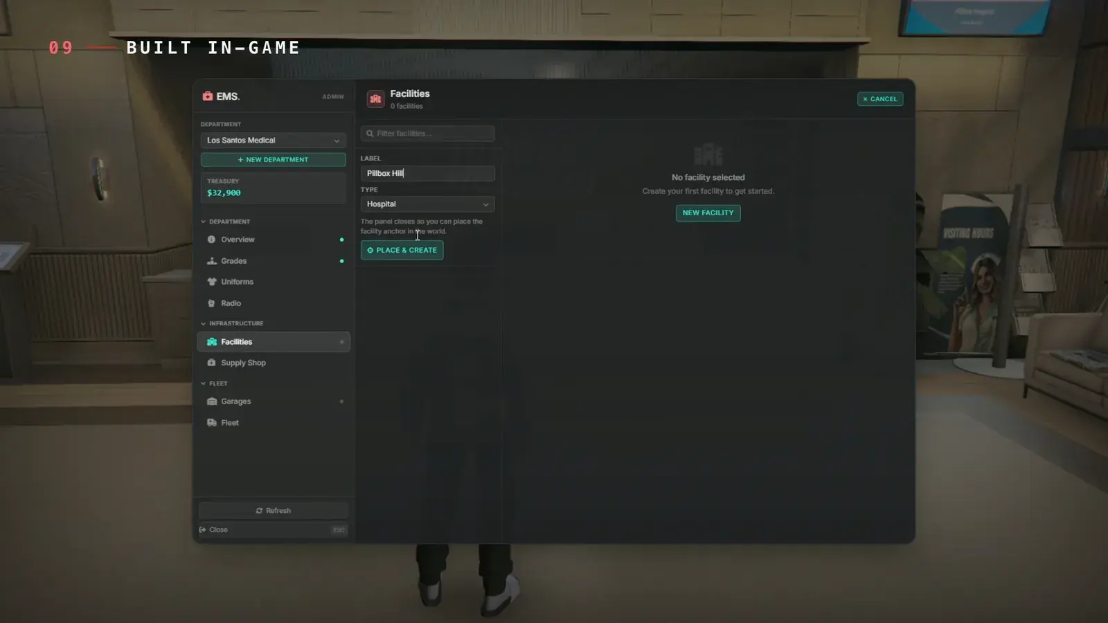 Oxide EMS admin panel on the Facilities screen with the Los Santos Medical department selected, a treasury balance, and a new Pillbox Hill hospital facility ready to place