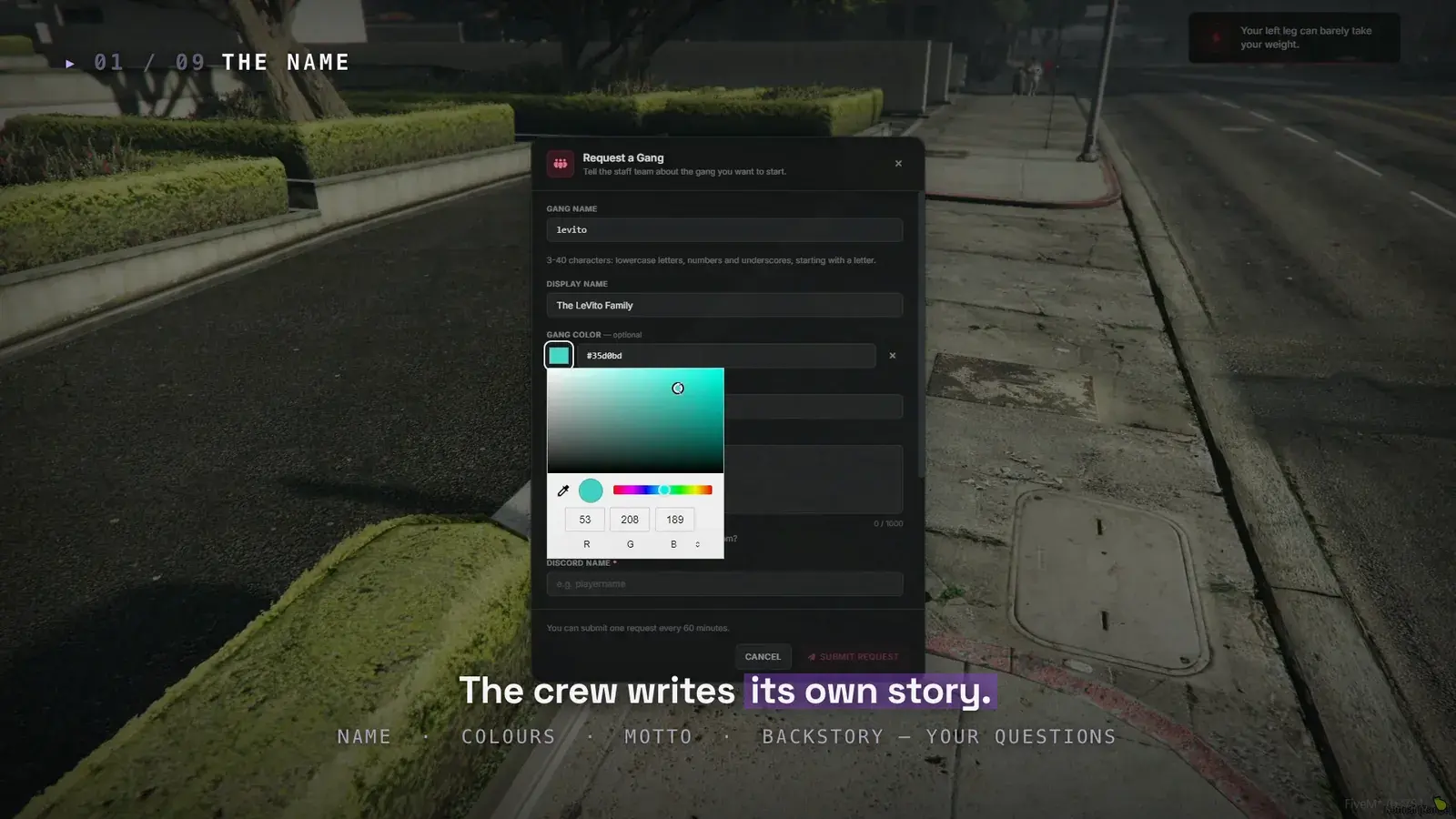 Request a Gang form over a Los Santos street with a gang name field, the display name The LeVito Family, an open teal color picker, and a Discord name field