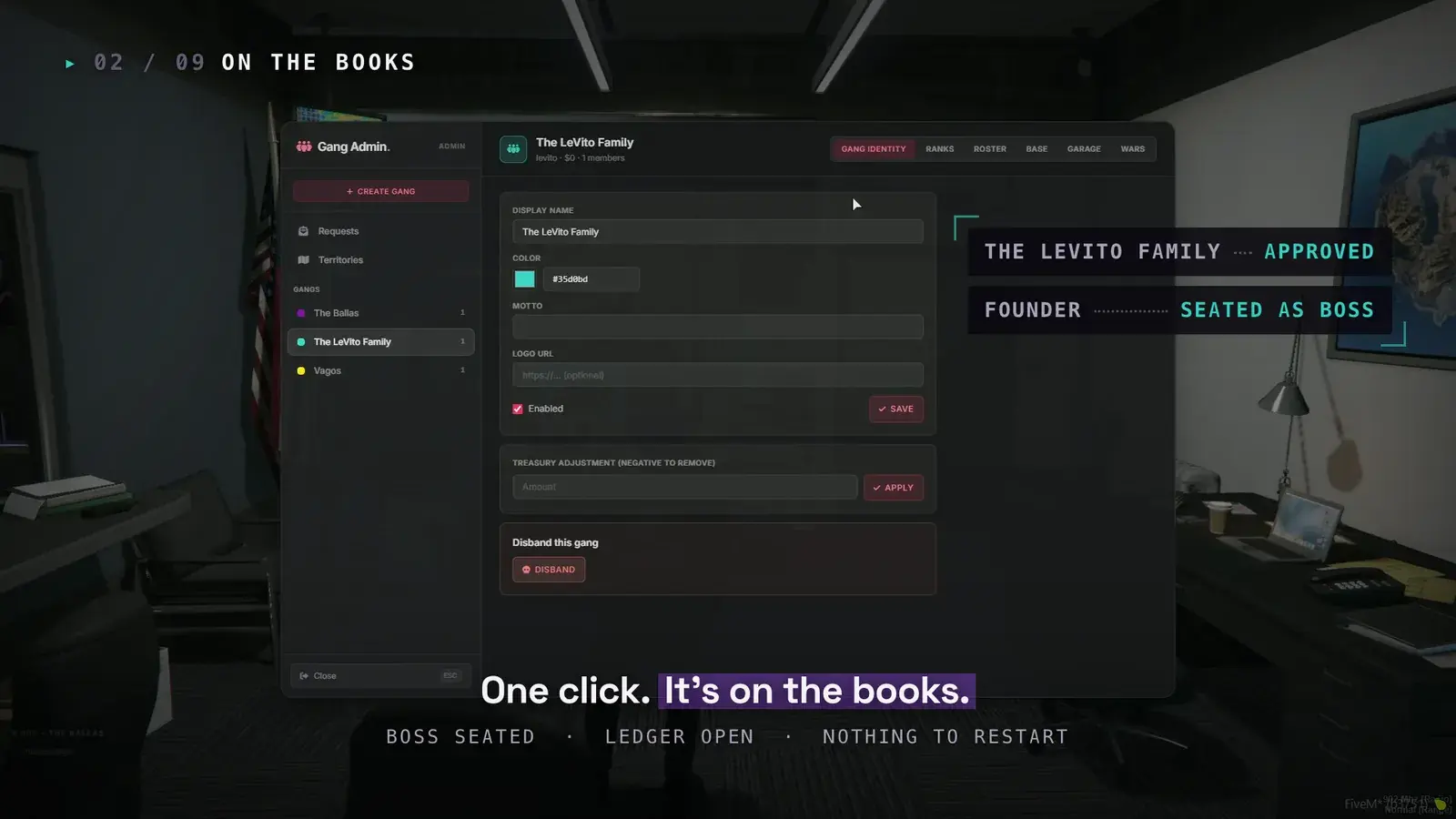 Gang Admin panel on The LeVito Family identity tab with a color swatch, motto, logo URL, enabled toggle, and treasury adjustment box, labeled Approved and Founder seated as boss