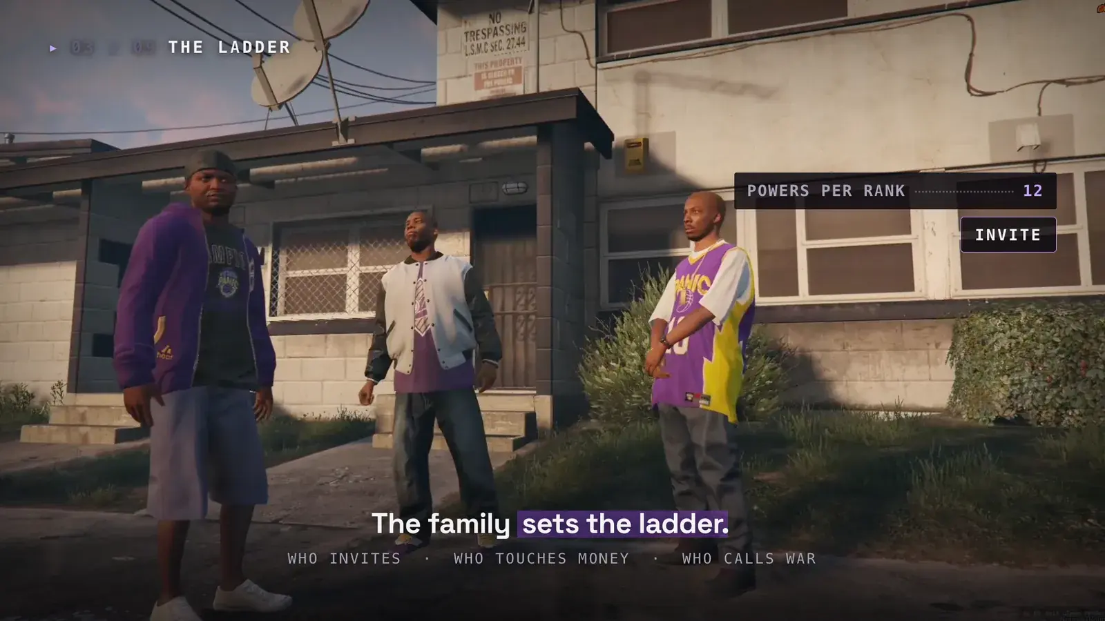 Three gang members in purple standing outside a house with a No Trespassing sign, beside a Powers per rank 12 counter and an Invite label