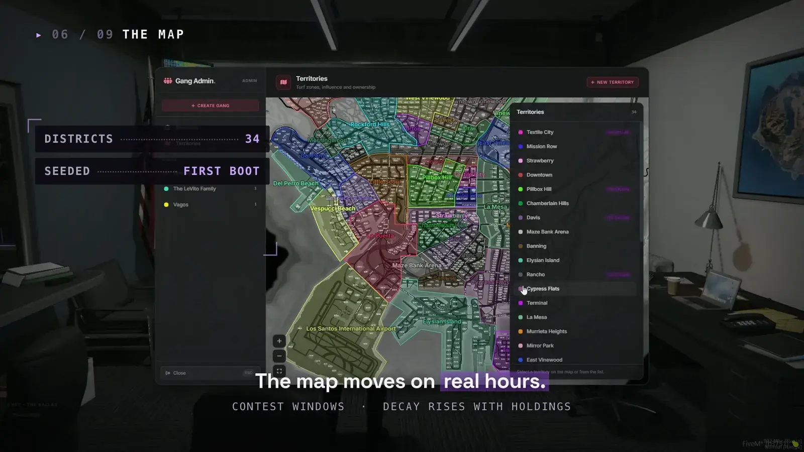 Gang Admin Territories editor showing a Los Santos map divided into colored district polygons, a 34-entry territory list, and a New Territory button, labeled Districts 34 and Seeded first boot