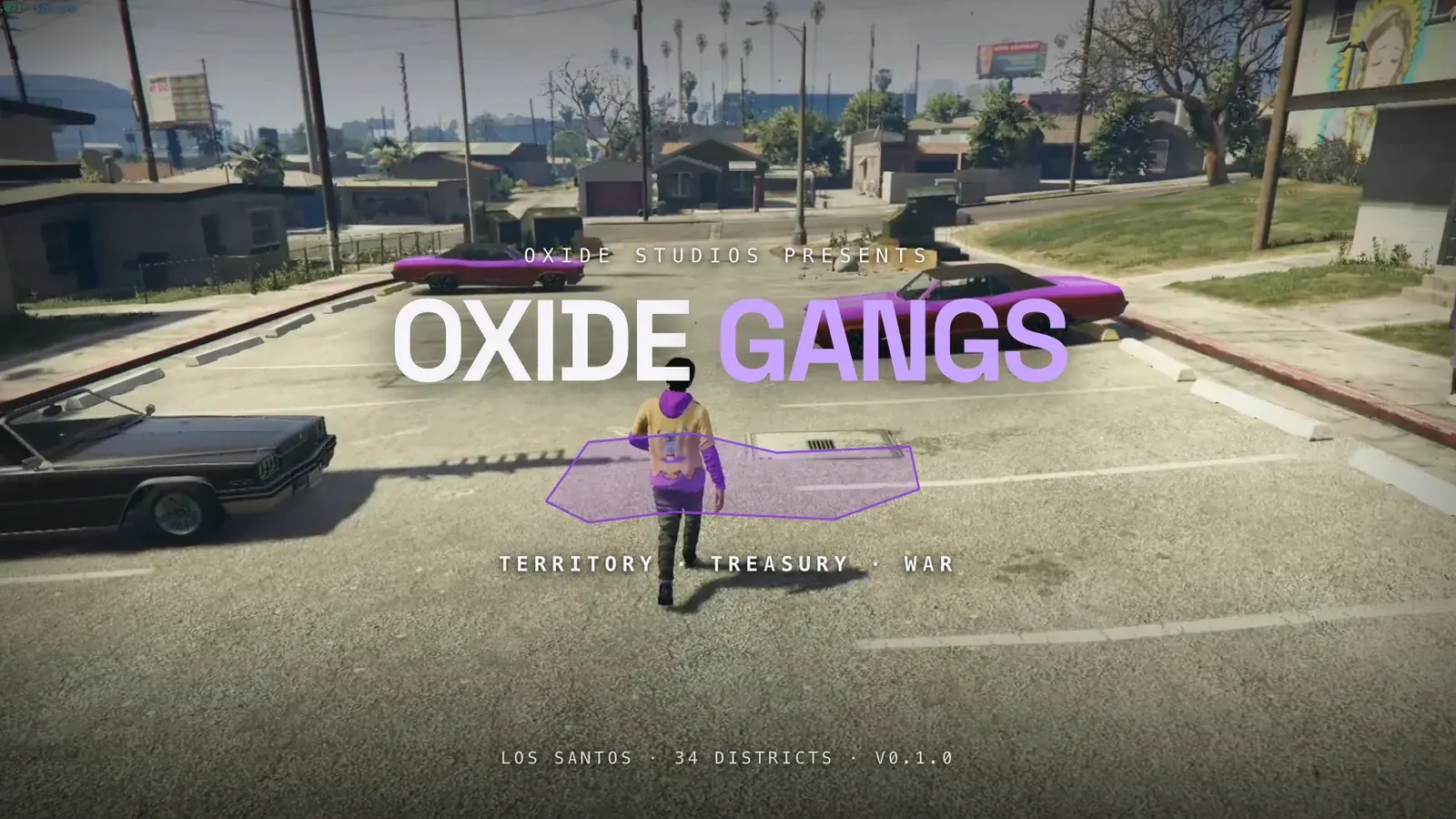 Oxide Gangs title card over a Los Santos parking lot: a gang member in a yellow and purple hoodie walks past a translucent purple polygon on the asphalt between two purple lowriders, under the words Territory, Treasury, War