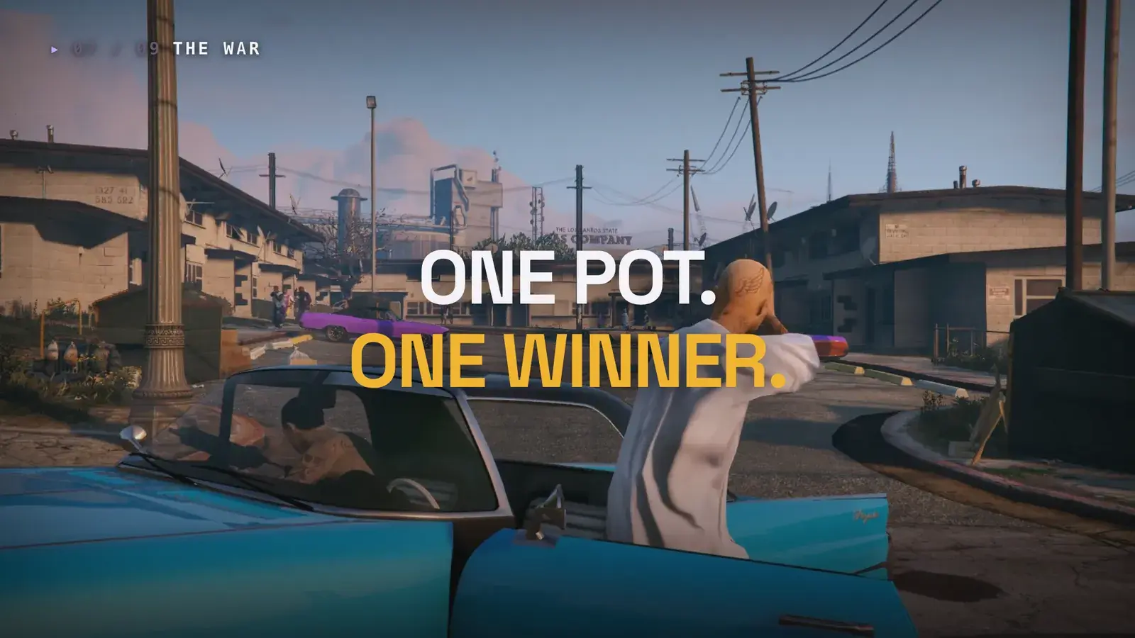 Gang member in a white hoodie leaning over the open door of a blue convertible and aiming a pistol down a residential street, with One pot. One winner. across the frame