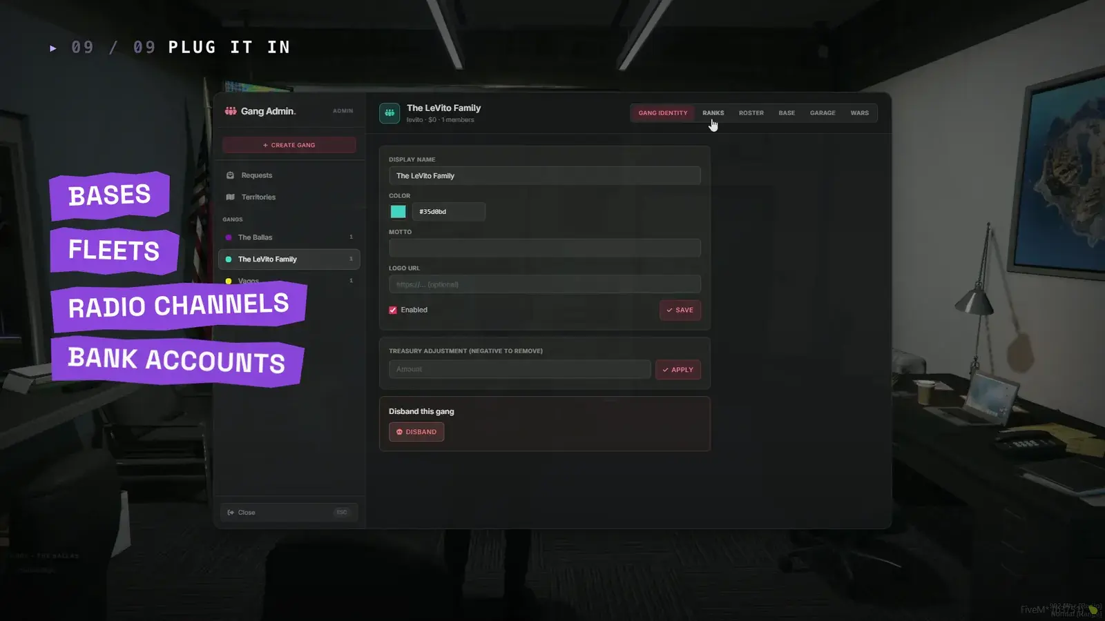 Gang Admin panel on The LeVito Family identity tab with Ranks, Roster, Base, Garage, and Wars tabs, beside purple labels reading Bases, Fleets, Radio Channels, and Bank Accounts