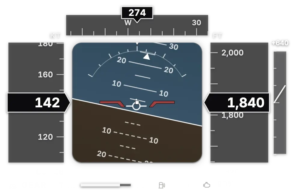 The Glass flight display in a plane: 142 knots, 1,840 feet and the artificial horizon