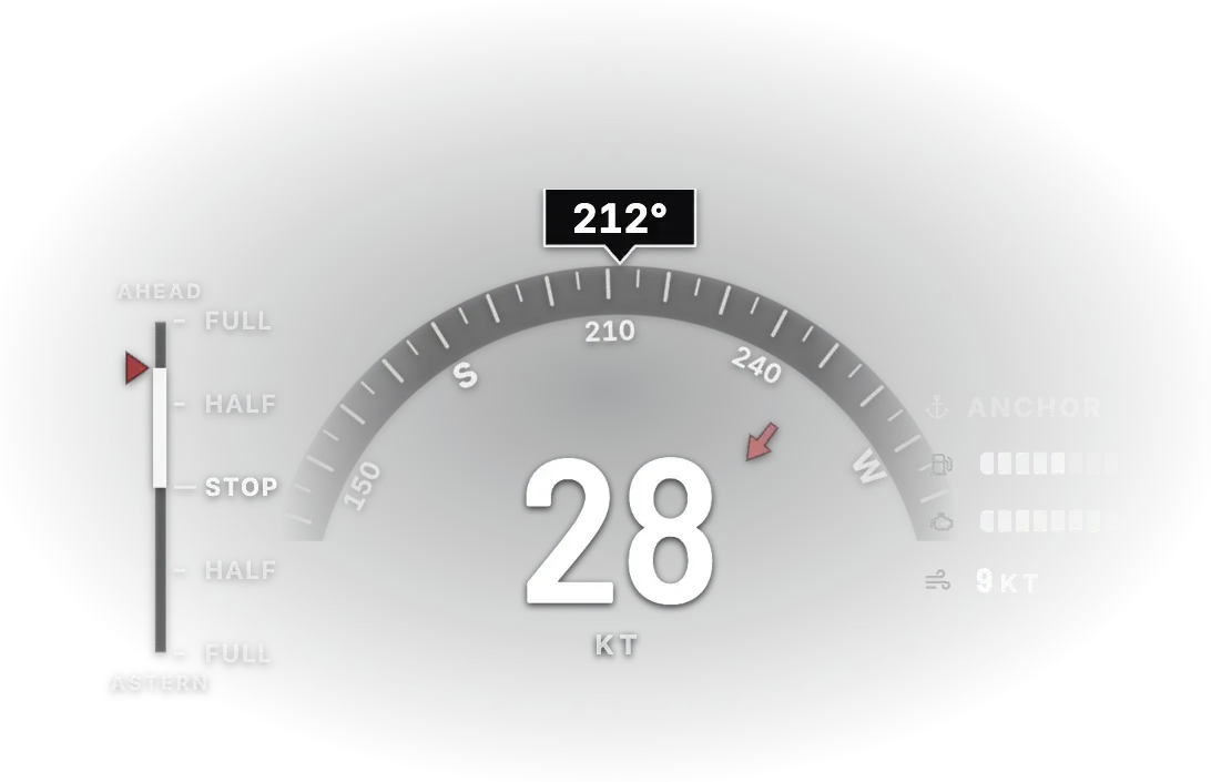 The Helm cluster on a boat: heading 212 degrees, 28 knots, throttle lever and anchor lamp