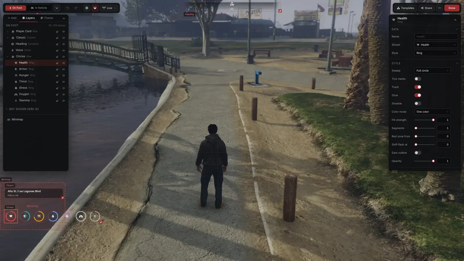 The Oxide HUD editor open on foot in a Los Santos park: the layers list on the left, the Health ring's options in the inspector on the right, and the status rings, location box and heading strip on screen